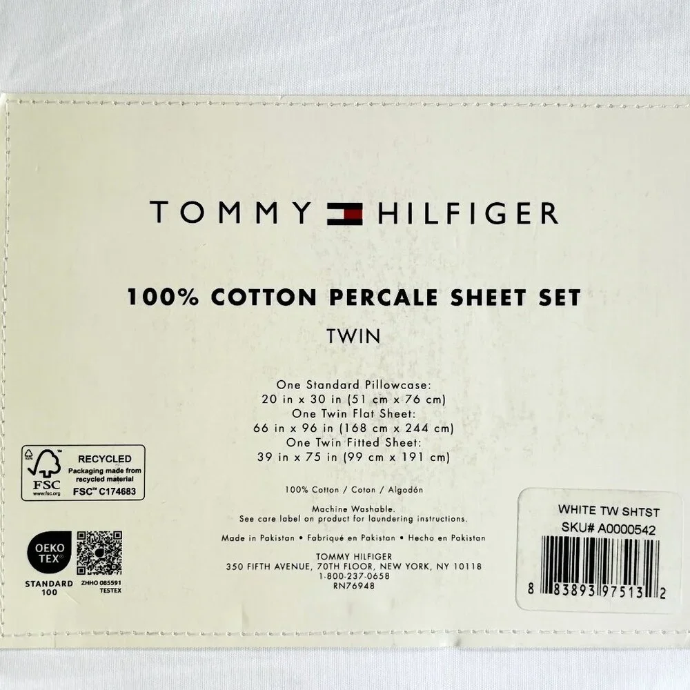 Tommy Hilfiger TWIN Size 100% Cool Crisp Cotton Percale Sheet Set BRIGHT WHITE - Picture 2 of 4